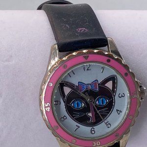 Lady  Accutime Watch Cat  Face Pink Metal Bezel Stainless Steel Snap Back